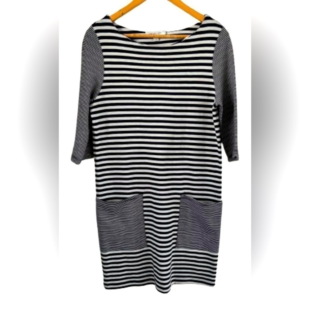 Amour Vert org ctn nvy & wht strp knt mini drss 3/4 slvs& pckts SZ M nautical